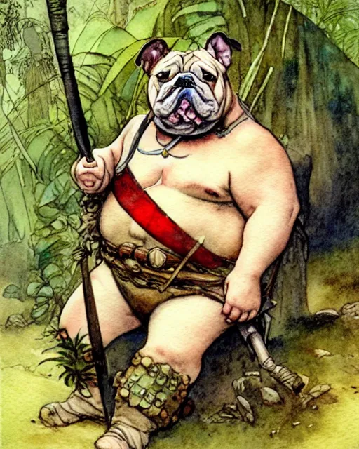 Prompt: a realistic and atmospheric watercolour fantasy character concept art portrait of a fat adorable chibi bulldog roman soldier with body armor in the jungle, by rebecca guay, michael kaluta, charles vess and jean moebius giraud