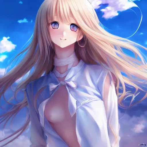 Dark blonde hair, mid hairlength, cute waifu, side bangs, wavy hair, blue  eyes, look over the shoulder, anime style, subtle smiling, natural  lipstick, round face