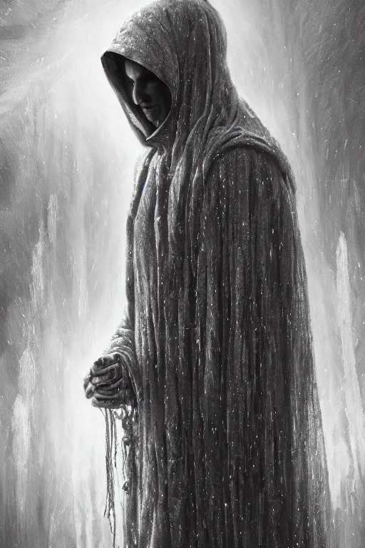Image similar to realistic portrait of beautifully crystalized and detailed portrait of a ring wraith, matte painting of cinematic movie scene hooded figure, horror, created by gustave dore and greg rutkowski, high detailed, smooth draw, synthwave neon retro, intricate, realistic proportions, dramatic lighting, trending on artstation.