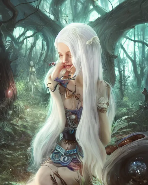 Image similar to girl with white hair and mushroom dress, fantasy swamp, bizarre, illustration, scifi, radiant, beautiful, atmosphere, harmony, top lighting, blue eyes, focused, perfect composition, artstation, highly detailed, art by yuhong ding and chengwei pan and serafleur and ina wong