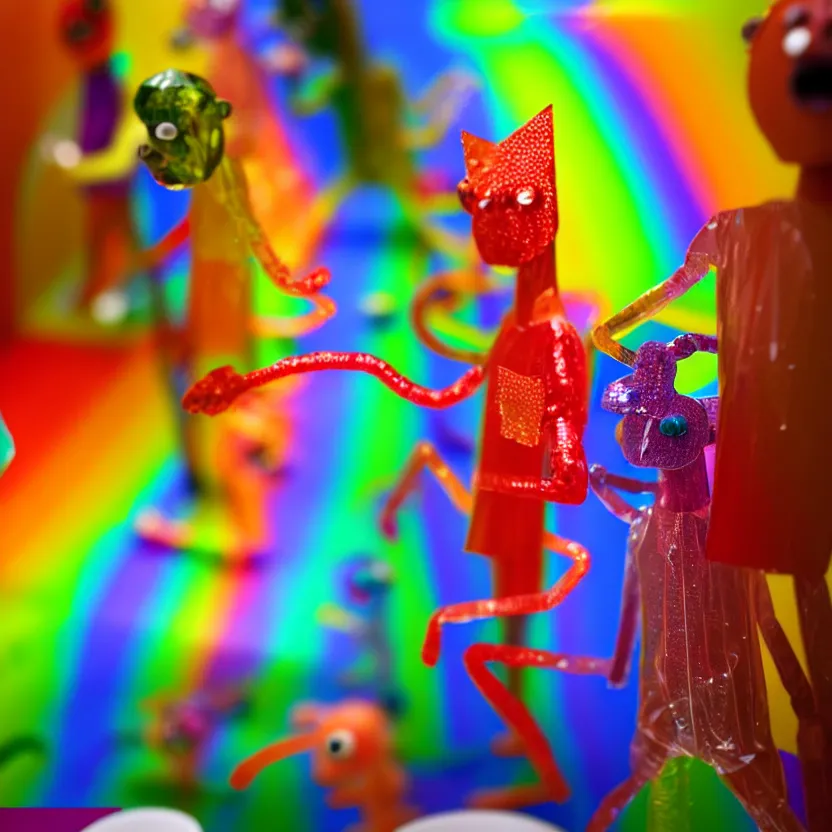 Image similar to photo of rainbow cellophane tape creatures inside a bathroom, hdr, high - quality, highly detailed, 1 6 k