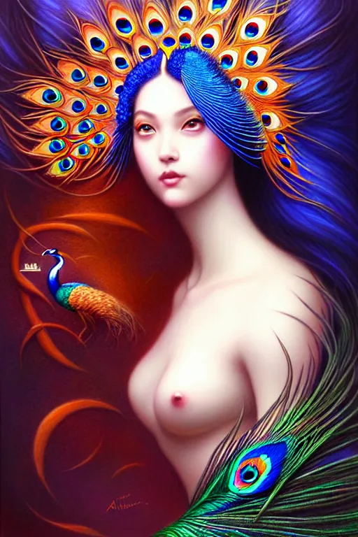 Prompt: the vision of the universal peacock by artgerm, symbolist, visionary