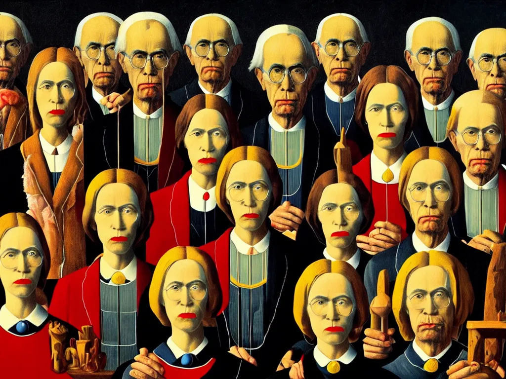 Image similar to crowded last supper american gothic painting magritte, renaissance, detailed faces, in the style of Andy Warhol pop art