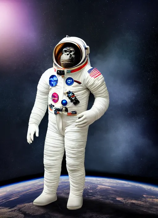 Image similar to studio photo still of a full body gorilla in a space suit, 8 k, studio lighting, key light from right side,