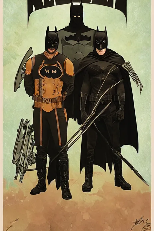 Image similar to a detailed matte portrait of jensen ackles dressed as batman and misha collins dressed as robin, masterpiece, 8 k, art by alphonse mucha and greg rutkowski