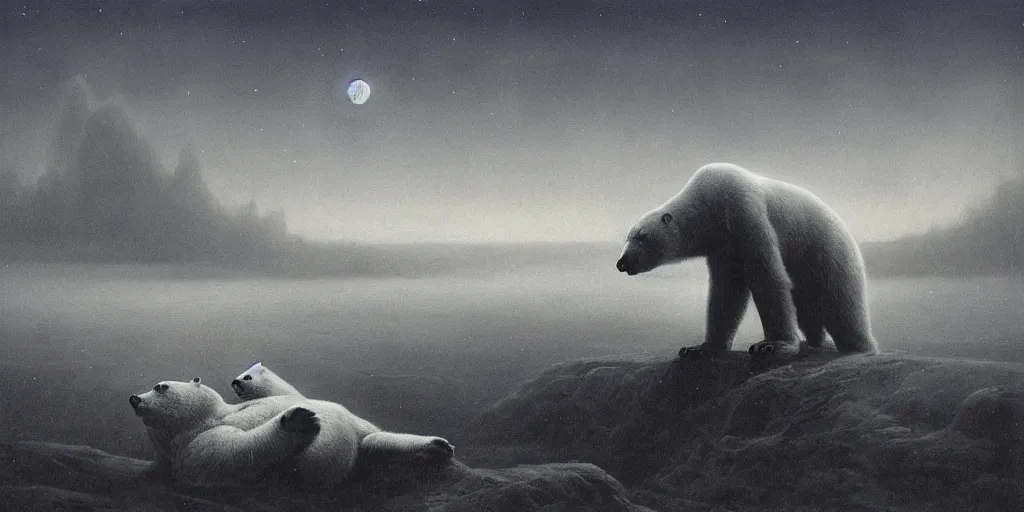 Image similar to Polar bear floating in the night sky over a warmly lit farm town , size difference, Zdzislaw Beksinski, Wayne Barlowe, (H.R giger), gothic, biomorphic, amazing details, dystopian, surrealism, cold hue's, warm tone gradient background