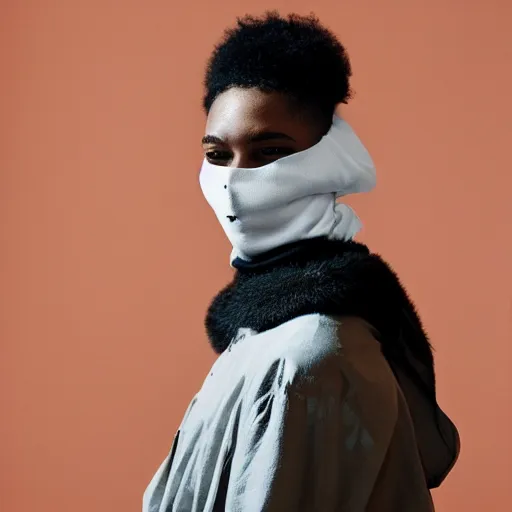 Prompt: realistic! photoshoot for a new balenciaga lookbook, color film photography, portrait of a beautiful woman wearing a balaclava mask, photo in style of tyler mitchell, fisheye lens