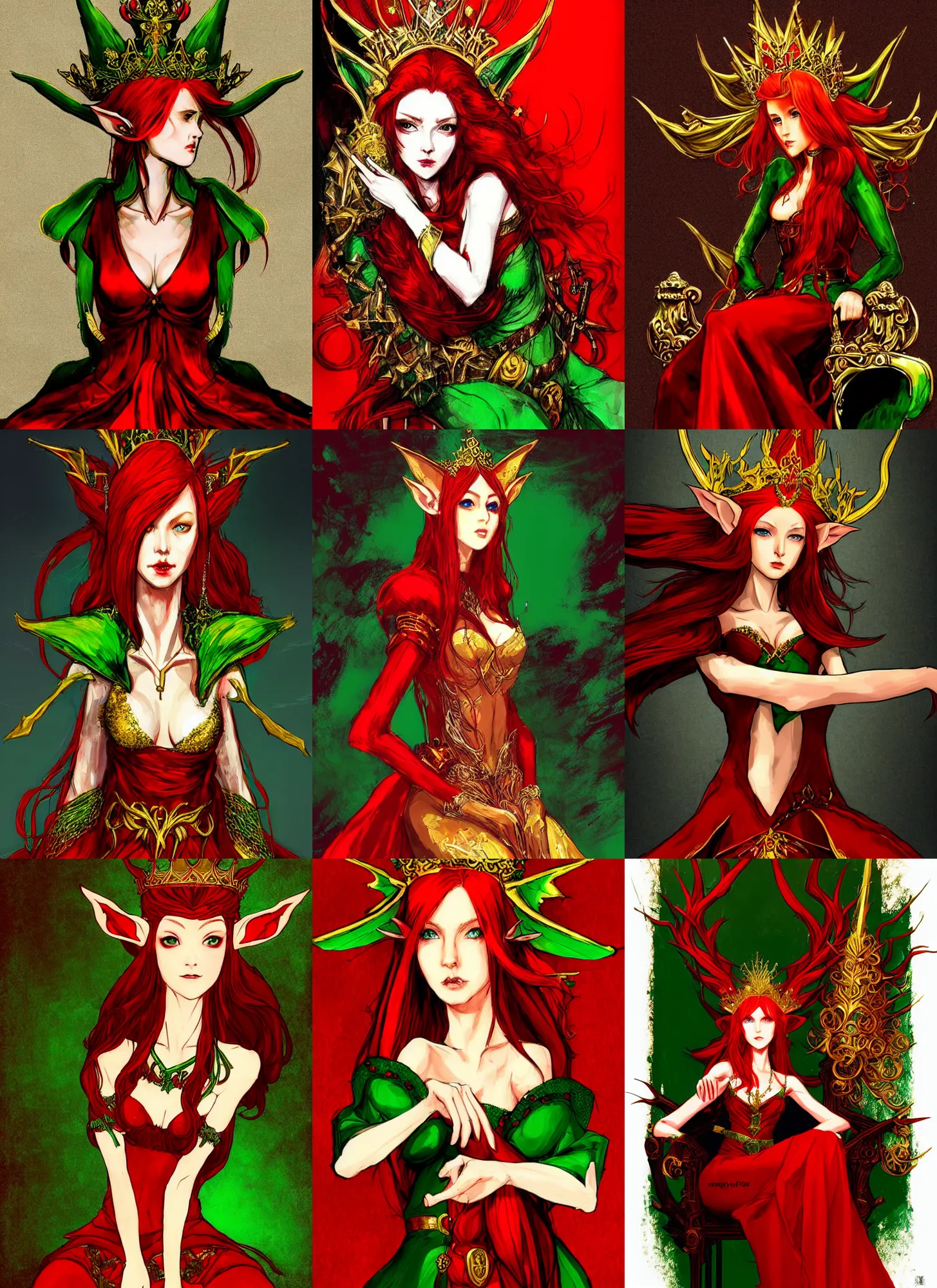 Prompt: Half body portrait of a beautiful red haired elven queen in red and green dress with golden crown sitting on a throne with haughty look. In style of Yoji Shinkawa, dark fantasy, great composition, concept art, brush strokes.
