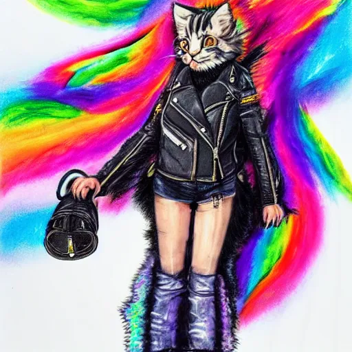 Image similar to wide angle full body, jacket wearing fluffy cute rainbow kitten wearing a black leather motorcycle jacket, concept art