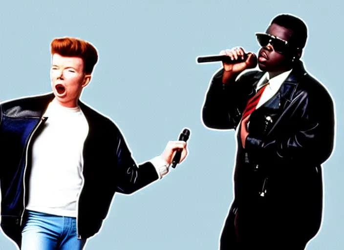 Image similar to Rick Astley in singing into a microphone, Tupac and Biggie Smalls in the background, 1980s MTV music video