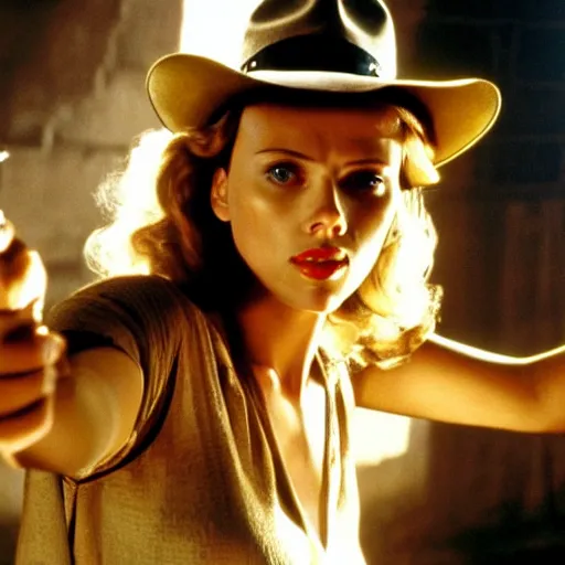 Image similar to A still photograph of Scarlett Johansson as Indiana Jones in Indiana Jones and the Raiders of the Lost Ark