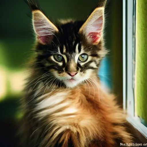 Prompt: view from the back of a backlit maine coon kitten gazing out a sunny window on a warm day. outside there are pretty flowers. 3 5 mm, f / 1 1. 0, is 1 0 0