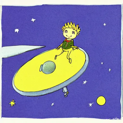 Image similar to the little prince on a little planet floating in space, illustration by antoine de saint - exupery