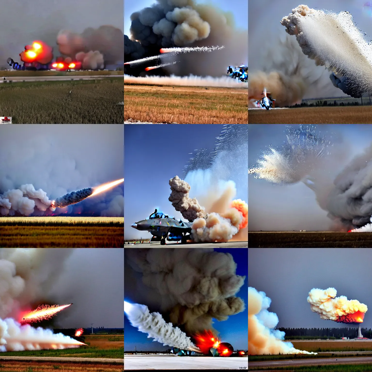 Prompt: photo journalism of russian air base being attacked exploding, with the powder stores exploding, grain effect, award-wining, pulitzer, news