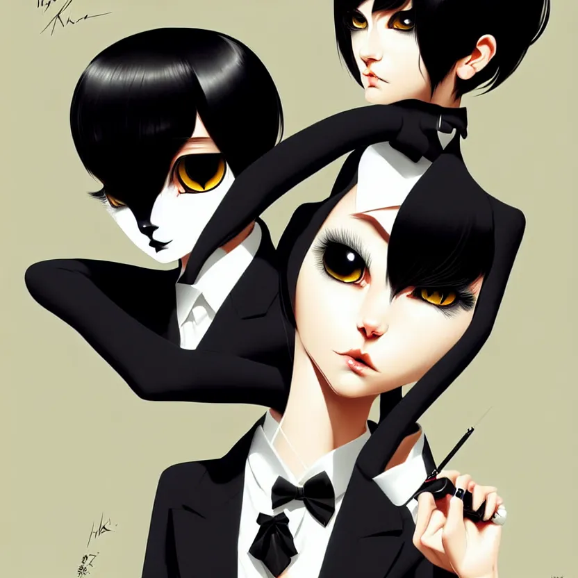 Prompt: a humanoid two cat, slim cruel business girl in tuxedo with black bob hair, elegant, 2 d, ultra highly detailed, digital painting, smooth, sharp focus, artstation, art by ilya kuvshinov!