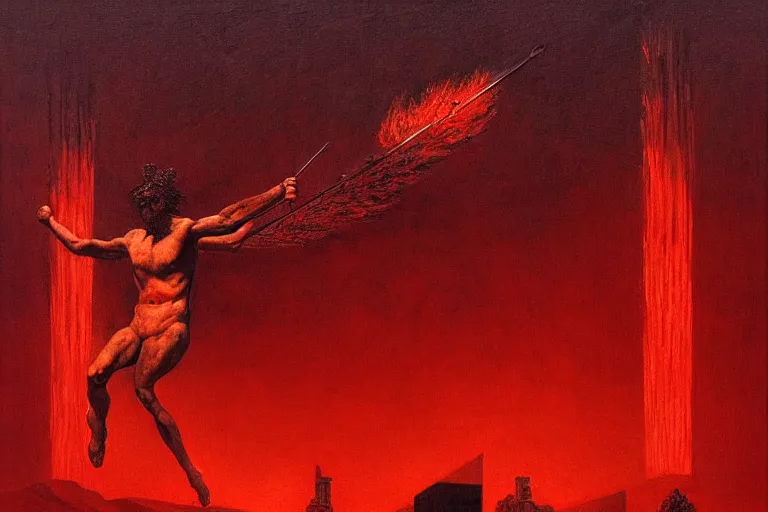 Image similar to only with red, a red melted apollo with a laurel wreath and a flaming sword announce the win, atene in the background, in the style of beksinski, part by hopper, part by rodcenko, part by hofbauer, intricate composition, red by caravaggio, insanely quality, highly detailed, masterpiece, red light, artstation