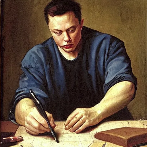 Image similar to Renaissance painting of Elon Musk working on the design of his next invention
