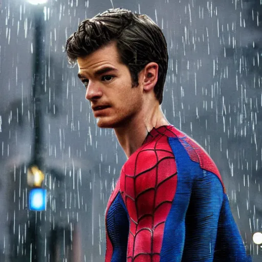 Prompt: photograph of andrew garfield spider - man, cinematic, photorealistic, city, night, rain