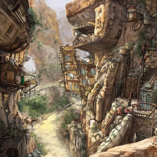 Image similar to arid steampunk fantasy city built into canyon walls. houses are built on platforms on the canyon walls with precarious walkways and ladders between them. the canyon floor is covered in larger stone buildings and shops. realistic, highly detailed painting concept art