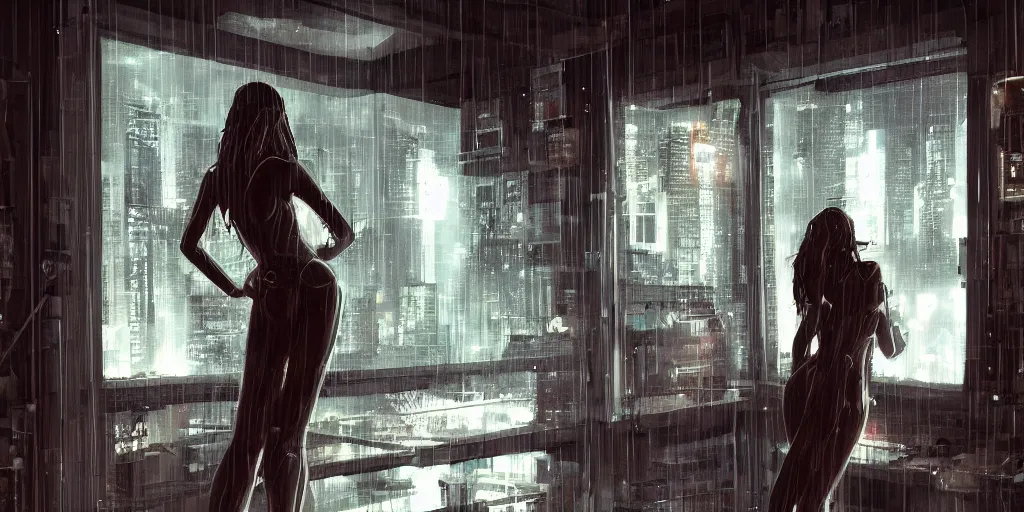 Image similar to sensual tall woman in an interior design quiet loft, big windows, cyberpunk city, rainy day, night, science - fiction, samdoesarts, artstation