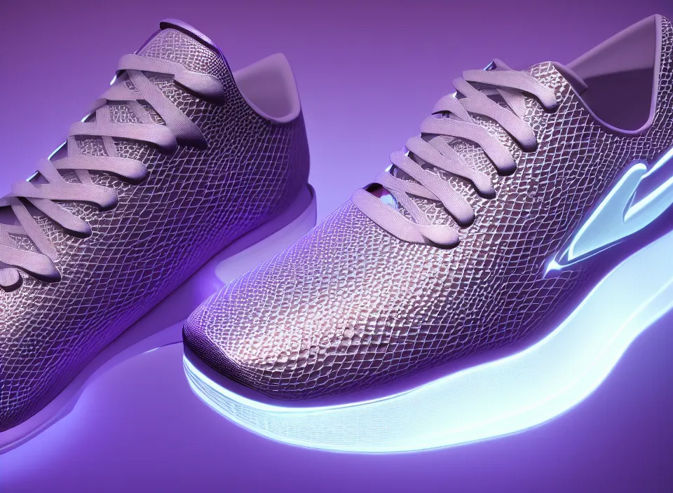 Image similar to realistic 3 d render of a futuristic sneaker, beautiful studio lighting, soft, sharp focus, neon glowing lines, intricate detail, purple and silver leather, soft white rubber, shiny plastic, black hexagon mesh, black filigree, octane render, side view, close up, trending on artstation, deviantart, nike, reebok, salomon