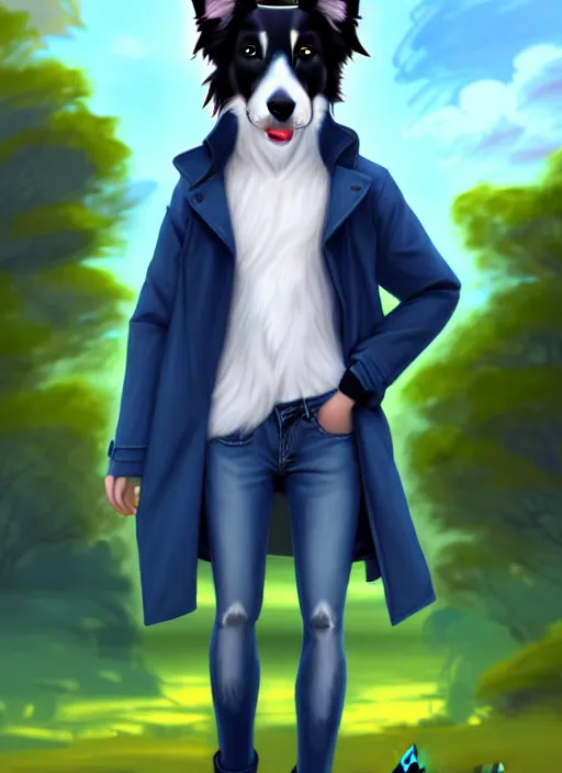 Prompt: full body digital painting of a cute male anthropomorphic border collie fursona wearing a trenchcoat and blue denim shorts in front of a park, furaffinity, scenic background, intricate, elegant, beautiful, fantasy, highly detailed, trending on artstation, art by charlie bowater and henry asencio and and ross tran