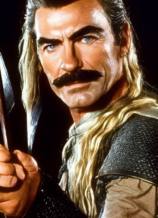 Image similar to film still of tom selleck as legolas in lord of the rings, 4 k