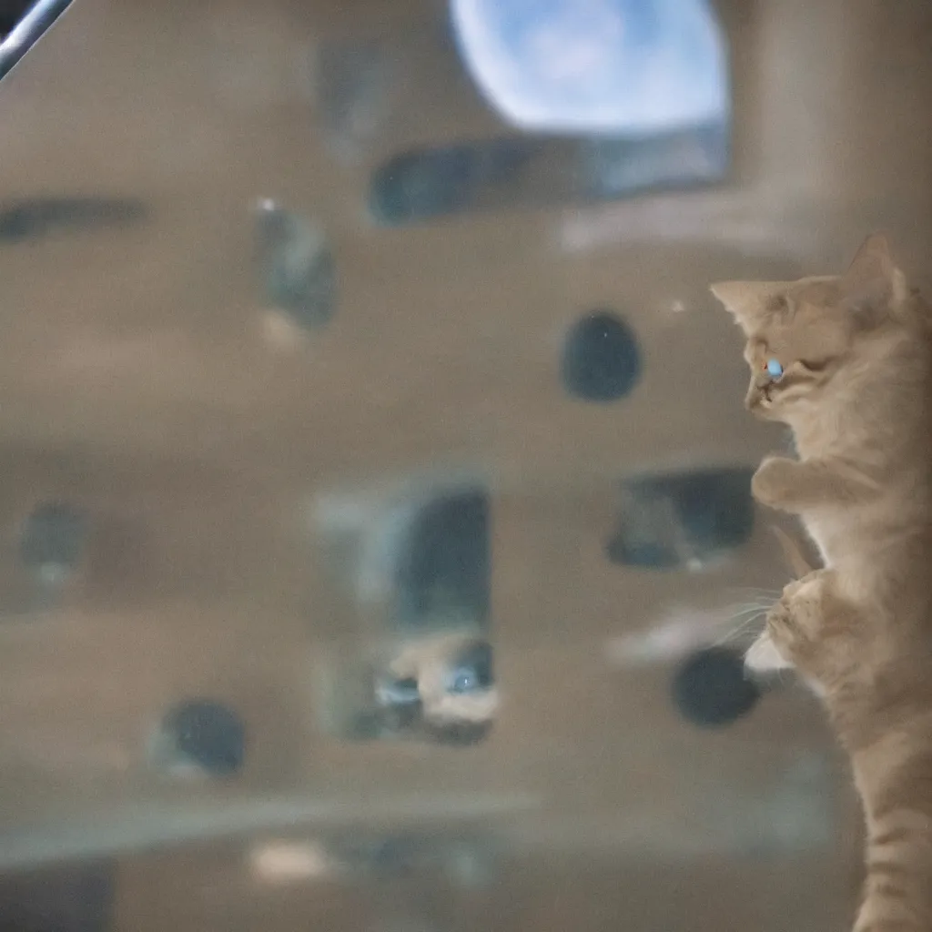 Image similar to photo of a cat watching a martian landscape from inside a futuristic window