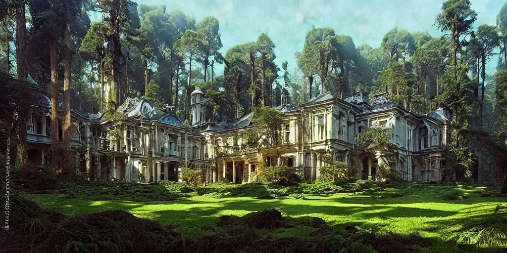 Prompt: hyper realistic mansion in the woods, gorgeous lighting, blue sky, highly detailed, lush forest by zdzisław beksinski and norman rockwell and greg rutkowskiweta studio, and lucasfilm