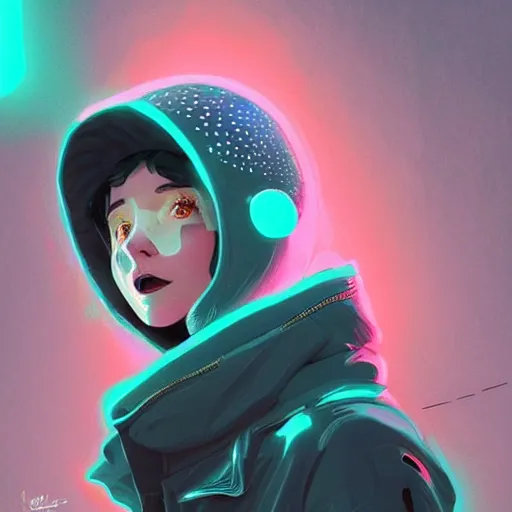 Prompt: highly detailed portrait of an electric woman wearing a snow coat and hologram visor, by atey ghailan, by greg rutkowski, by greg tocchini, by james gilleard, by joe fenton, by kaethe butcher, gradient blue, black, brown and cyan color scheme, grunge aesthetic!!! ( ( graffiti tag wall background ) )