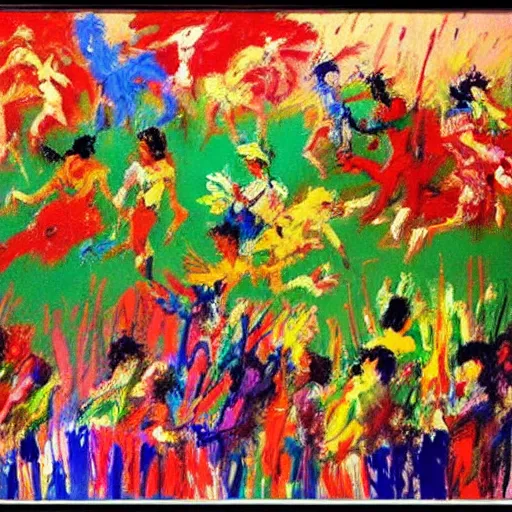 Image similar to a leroy neiman painting when he was deeply schizophrenic and had hand tremors