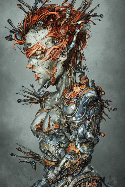 Image similar to portrait of beautiful young mainem, warhammer, japaneese style, cyberpunk armor, a lot of more scars, more and more flowers, orange head, the middle ages, highly detailed, artstation, illustration, art by max ernst, 8 k quality