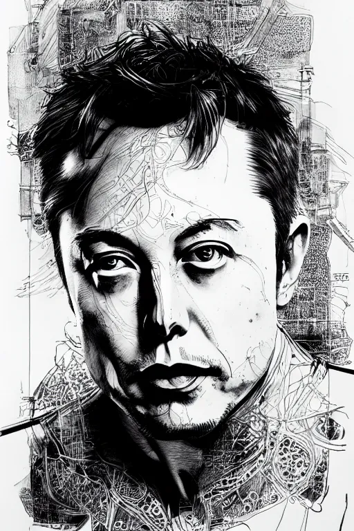 Image similar to Portrait of Elon Musk, pen and ink, intricate line drawings, by Yoshitaka Amano, Ruan Jia, Kentaro Miura, Artgerm