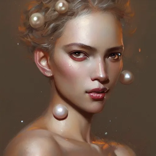 Prompt: a woman with pearls and glittering skin, a detailed painting by greg rutkowski and raymond swanland, featured on cgsociety, fantasy art, detailed painting, artstation hd, photorealistic