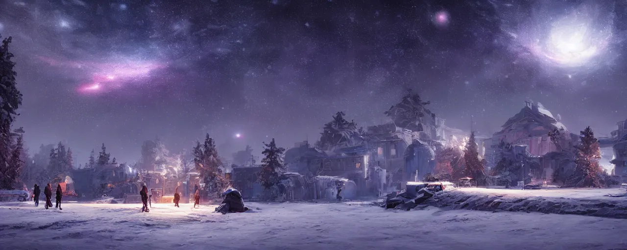 Image similar to winter nights with clear sky and stars and milky way galaxy 8 k uhd, unreal engine, octane render in the artstyle of finnian macmanus, john park and greg rutkowski