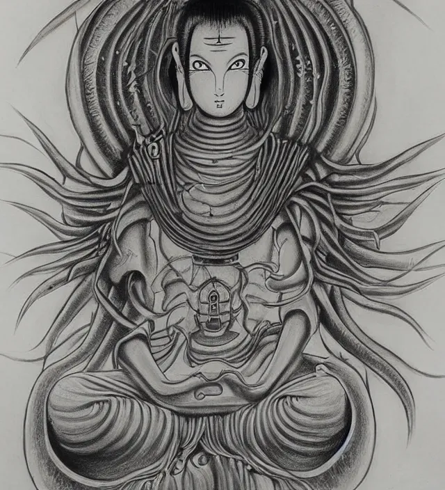 Prompt: buddhist drawing painting of a beautiful girl portrait in miyazaki toriyama giger style detailed trending award winning