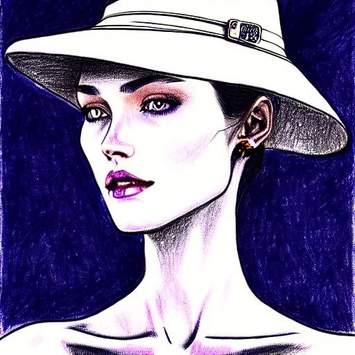 Image similar to drawing portrait of beautiful gorgeous woman with hat by Moebius science fiction