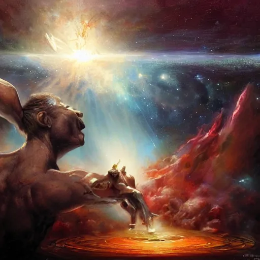 Prompt: brahman watching the creation of the universe by raymond swanland, highly detailed, bright tones