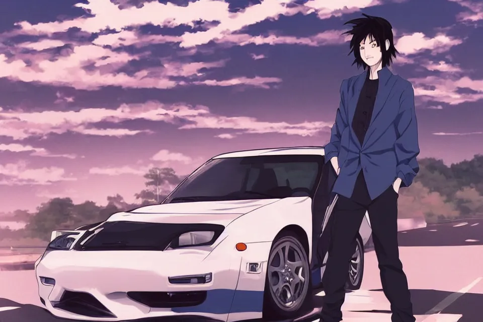 Image similar to aesthetic portrait illustration of ryosuke takahashi with black hair, dark blue shirt and white pants, standing by his white glossy mazda rx 7 on an empty highway at sunrise, cinematic lighting, initial d anime 1 0 8 0 p, 9 0 s anime aesthetic, volumetric lights, rule of thirds, unreal engine 5 render, pinterest wallpaper, trending on artstation