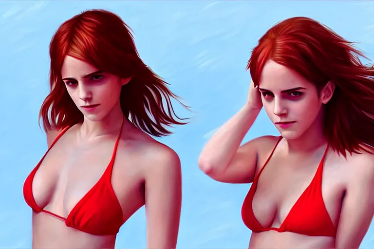 Image similar to Red-haired beauty Emma Watson in a bikini, full body, full height , highly detailed, mid-shot ,pixiv , digital painting , concept art