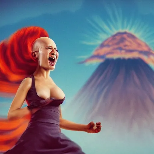 Image similar to “ a bald woman running from an erupting volcano while holding her wig and screaming ”