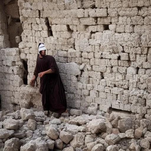 Image similar to award winning cinematic still of 40 year old man in ancient Canaanite clothing building a broken wall in Jerusalem, directed by Christopher Nolan
