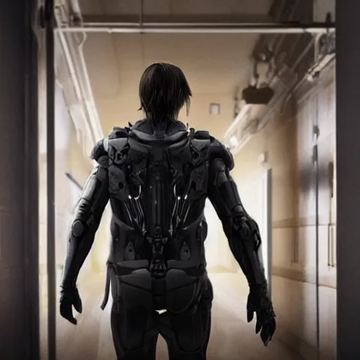 Prompt: Norman Reedus taking a selfie in the backrooms hallway wearing Death Stranding poster power armor, liminal space hallway, backrooms, selfie photo