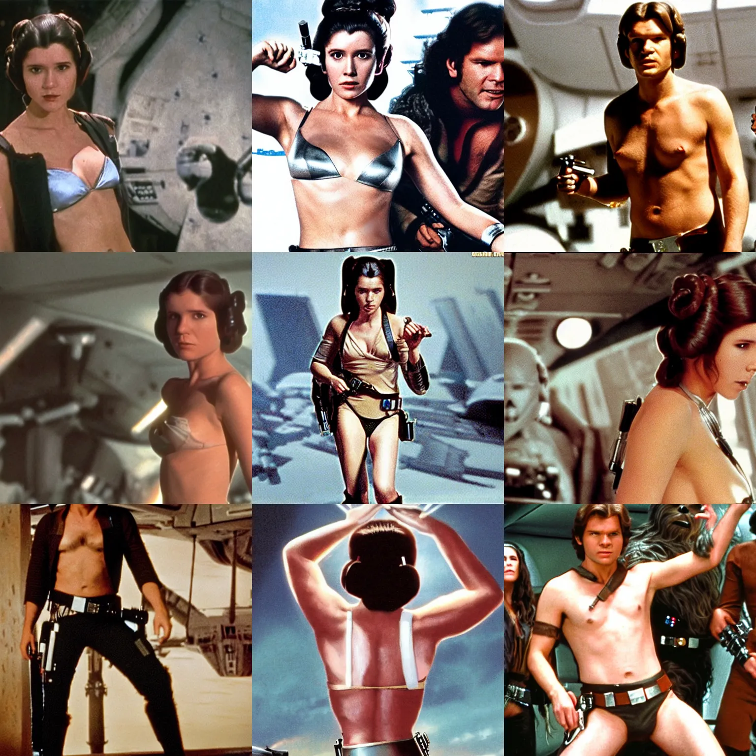 Prompt: han solo wearing princess leia's metal bikini