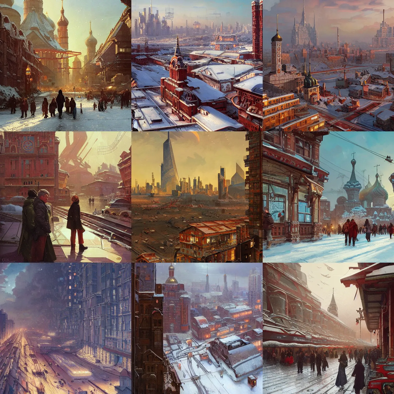 Prompt: russian city of the future, socialist realism, view from the eyes, soviet cyberpunk, wooden architecture, lots of people, holiday, winter, highly detailed, digital painting, artstation, concept art, matte, sharp focus, illustration, art by artgerm and greg rutkowski and alphonse mucha