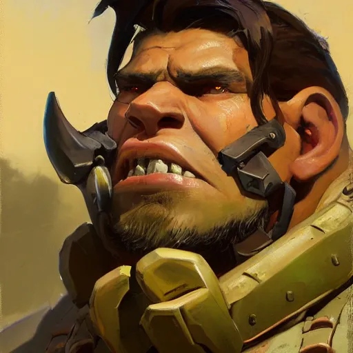 Prompt: greg manchess close - up portrait painting of a ruggedly handsome young dieselpunk orc with olive green skin as an overwatch character, medium shot, asymmetrical, profile picture, organic painting, sunny day, matte painting, bold shapes, hard edges, street art, trending on artstation, by huang guangjian and gil elvgren and sachin teng
