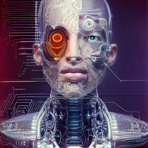 Image similar to a beautiful portrait of a young bionic male cyborg, cyberpunk, intricate wiring, perfectly clean translucent skin, perfect proportions, electronic components, augmented vision, volumetric light, photography, color, intricate, extremely detailed, hyperrealistic, color pencil drawing, trending on artstation