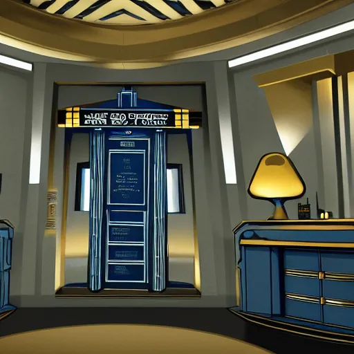 Image similar to Tardis console room, Art Deco style, masterpiece, highly detailed, ultrarealistic, 8k matte painting, hauntingly beautiful