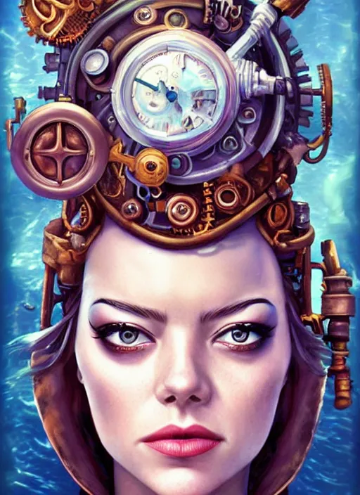 Image similar to underwater steampunk pirate portrait of emma stone, pixar style, by tristan eaton stanley artgerm and tom bagshaw.