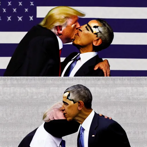 Image similar to obama kissing trump, 4k photo, detailed, closeup